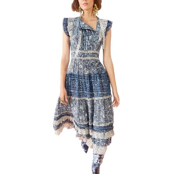 Ulla Johnson Kiri Dress Indigo Blue Size 2 Midi Peasant Tiered Cottage Easter